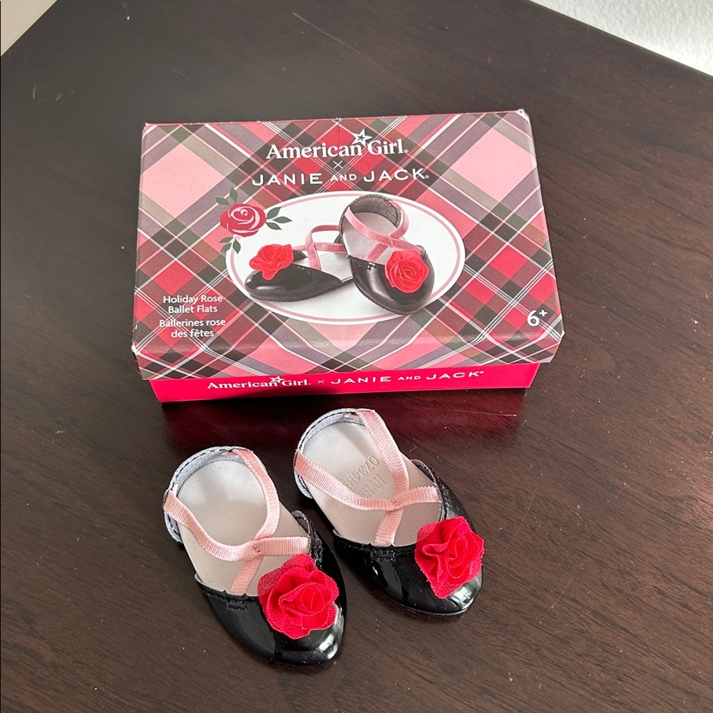 American Girl Janie and Jack Black Ballet Flats with Red Rose Holiday 2022